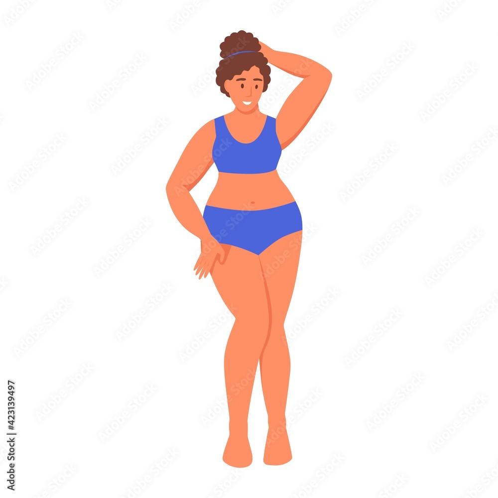 Fototapeta premium Curvy woman. Plus size girl. The concept of body positivity, self-love. Love your body. Flat cartoon vector illustration.