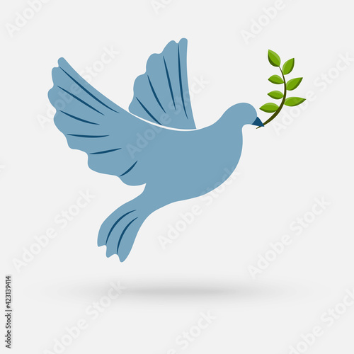 Peace dove flying with a green twig olive after flood on white background. Vector simple modern icon design illustration.
