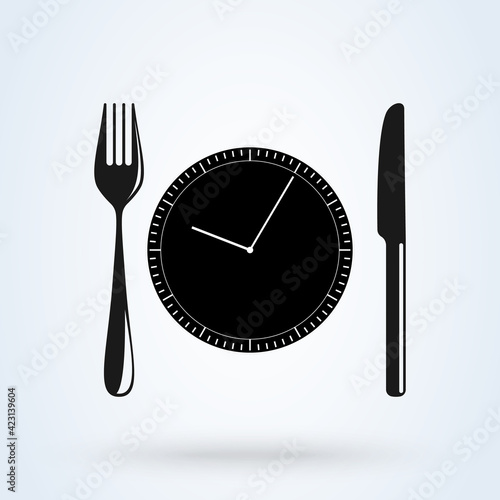 Lunch time linear icon. Dinner break. Afternoon business meeting. Business lunch. Table knife, fork and plate with clock. Vector isolated outline drawing. Editable stroke.