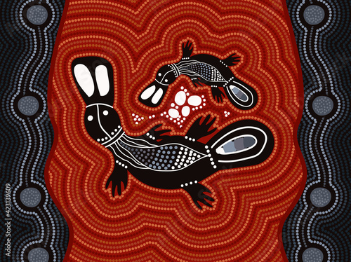 Platypus mother and baby aboriginal dot art