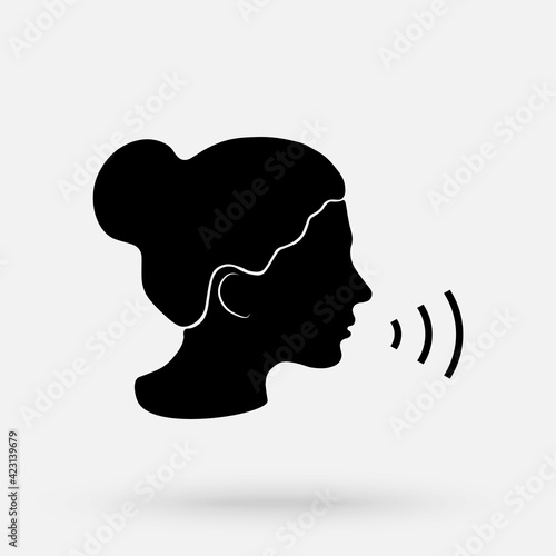 Voice command control with sound waves icon. Speaking logo with black woman head silhouette.