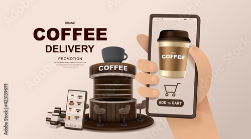 Online concept. Coffee shop delivery on mobile. Food and drink order application. Vector illustration.