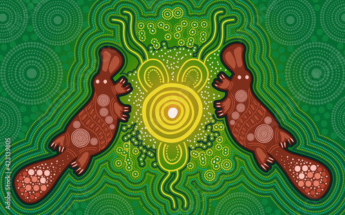Platypus on green aboriginal art background
