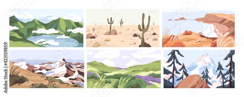 Set of empty landscapes and sceneries with snowy mountain tops, hills, field, lake, sea and desert. Collection of scenic nature views in spring, summer and autumn. Colored flat vector illustration