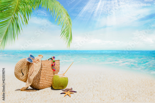 Beach accessories on sand, summer holiday background, Travel and beach vacation, Tropical beach concept.