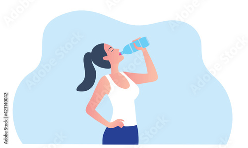 Slika na platnu Healthy woman drinking water from plastic bottle vector illustration