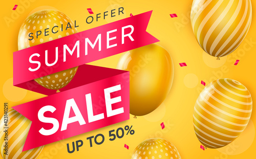 3d poster of Summer Sale up to 50 percent in realistic design. Special offer discount prices website background with balloons. Promotion, marketing tools. Vector illustration of advertising web banner