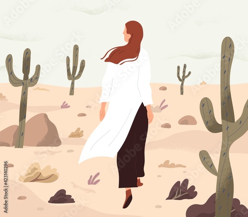 Person feeling lost and alone, wandering in desert. Concept of even boring monotonous life. Woman walking her path in loneliness. Colored flat vector illustration of finding and exploring yourself