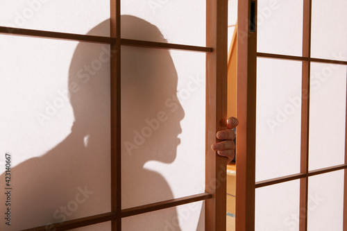 Close up shadow young woman lurking behind shoji doors
