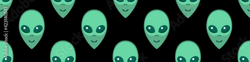 Seamless pattern with Aliens green heads. UFO, Humanoids endless backdrop isolated. Smiling visitors, Martians. Vector illustration, wallpaper on theme of space, conspiracy theory, Sci-fi, fantastic