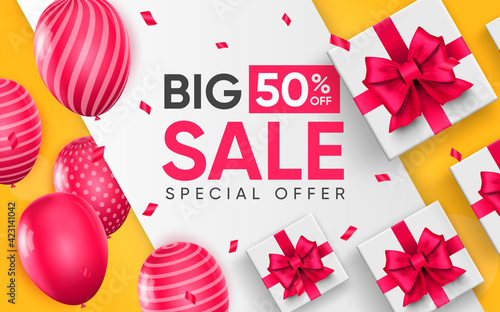 3d poster of Big Sale with Special Offer to 50 percent off in realistic design. Promotional flyer template with discount price for website background. Vector illustration of advertising web banner