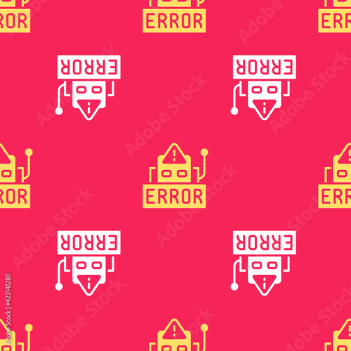 Yellow Error in the operation program of the robot icon isolated seamless pattern on red background. A broken chip of a robot. Vector
