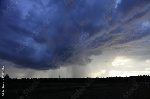 Heavy stormy dark blue rain cloud with rainy tracks over the field on a summer evening, beautiful natural landscape