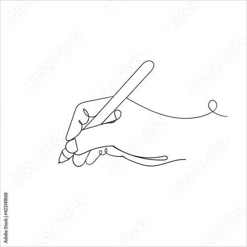 hand drawing doodle hand holding a pencil, continuous line illustration