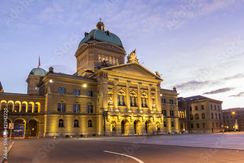 The Swiss parliament building Bundeshaus in twilight, Bern, Switzerland
