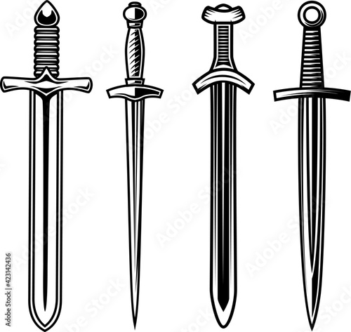 Set of illustrations of knight swords. Design element for logo, label, sign, emblem, poster. Vector illustration