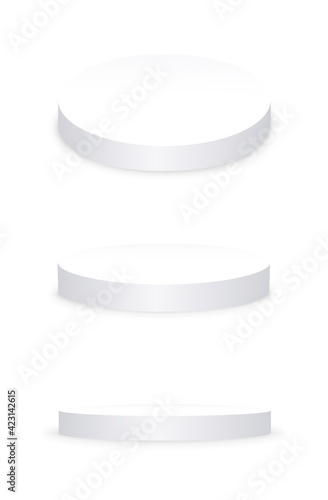 Set of white 3d podiums. For product presentation, mockup. Vector illustration.