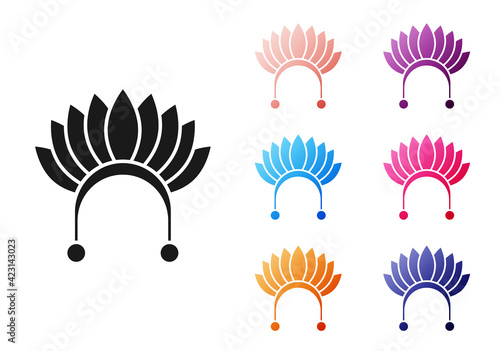 Black Indian headdress with feathers icon isolated on white background. Native american traditional headdress. Set icons colorful. Vector