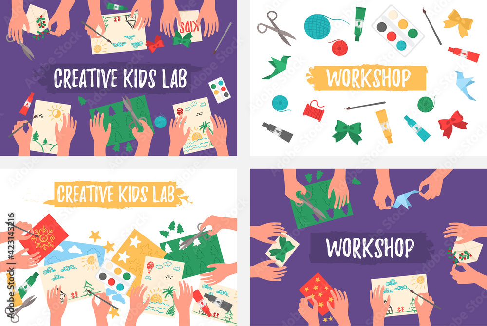 Creative kids lab, top view, kids hands. Creative kids lab, top view, kids hands.