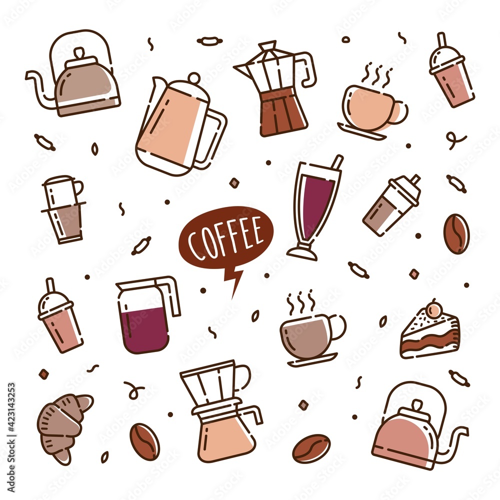 Naklejka Coffee time doodle hand drawn vector icons for coffee shop wallpaper vector illustration