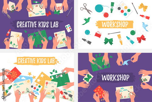 Creative kids lab, top view, kids hands.