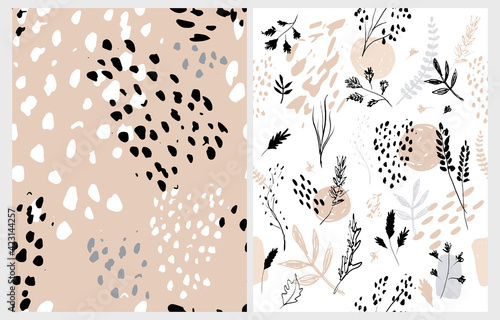 Hand Drawn Irregular Floral Vector Patterns with White Sketched Twigs and Flowers Isolated on a White and Blush Brown Background. Abstract Garden Repeatable Design. Wild Animal Skin Print. 