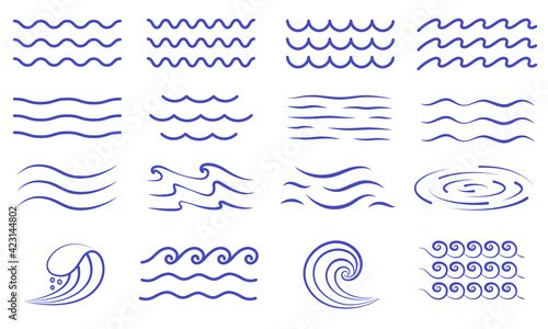Large set of water icons showing waves and surf