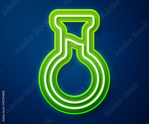 Glowing neon line Test tube and flask icon isolated on blue background. Chemical laboratory test. Laboratory glassware. Vector