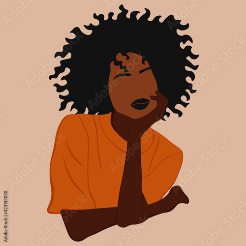 Young African American woman with black curly hair. Vector illustration.