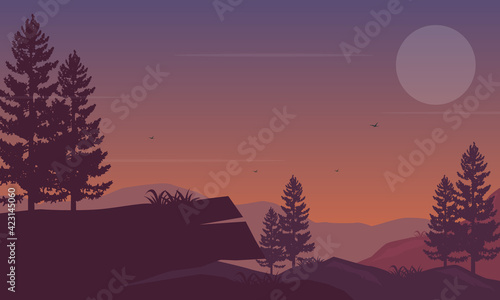 Wonderful evening atmosphere in the countryside with nice silhouettes of mountains and pine trees. Vector illustration