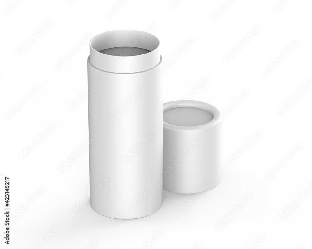White paper tube push up tin can mockup template on isolated white background, ready for design presentation, 3d illustration White paper tube push up tin can mockup template on isolated white background, ready for design presentation, 3d illustration