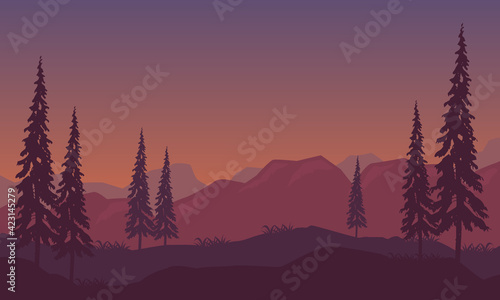 A calming night atmosphere with a scenic backdrop of mountains and pine trees around it. Vector illustration