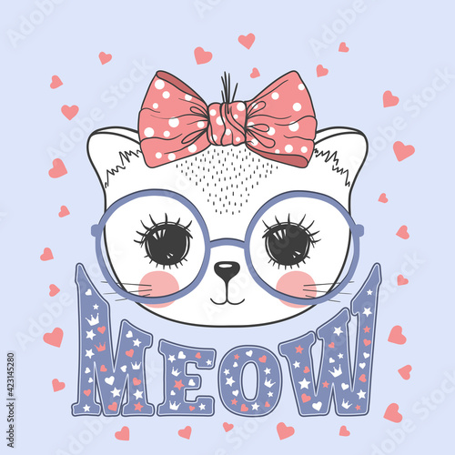 Cute little cat girl. Kitty with glasses. Meow slogan text