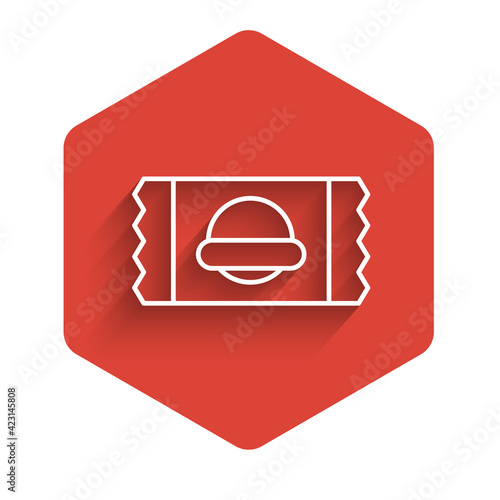 White line Sports nutrition bodybuilding proteine power drink and food icon isolated with long shadow. Red hexagon button. Vector