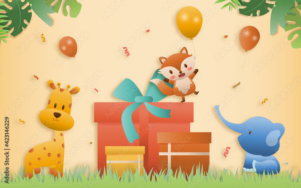 Naklejka premium Cartoon happy birthday three animal cards with gift boxes. Greeting cards with cute safari or jungle animals party in the tropical forest. Template invitation paper art style vector illustration.