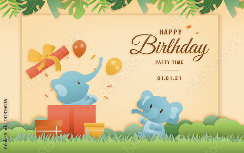 Cartoon happy birthday two elephant card with gift box. Greeting cards with cute safari or jungle animals party in the tropical forest. Template invitation paper art style vector illustration.	
