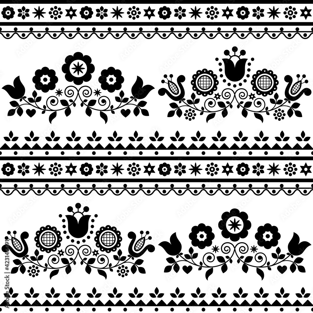 Floral folk art vector seamless textile or fabric print pattern with flowers - Polish Lachy Sadeckie
	