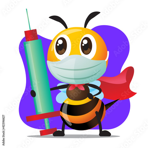 Fight the Virus with vaccination. Cartoon superhero bee wears surgical mask and holds Syringe with Needle for injection or vaccination. Vibrant background