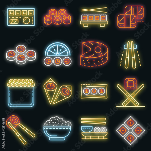 Sushi roll icons set. Outline set of sushi roll vector icons neon color on black
