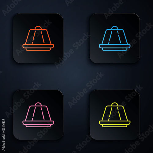 Color neon line Pudding custard with caramel glaze icon isolated on black background. Set icons in square buttons. Vector