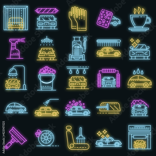Car wash icons set. Outline set of car wash vector icons neon color on black