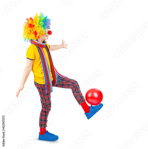 children in colorful clown outfits, isolated on a white background Fototapeta