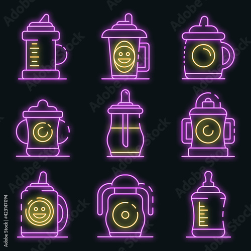 Sippy cup icons set. Outline set of sippy cup vector icons neon color on black