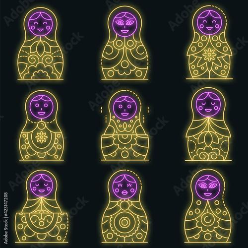 Nesting doll icons set. Outline set of nesting doll vector icons neon color on black