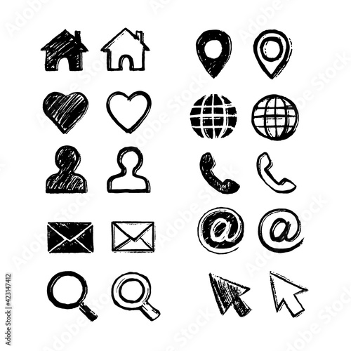 Set network icons. Hand-drawn by brush. Texture grunge style. Home, favorites, user, email, search, pin, internet, phone call, arroba, cursor icons.