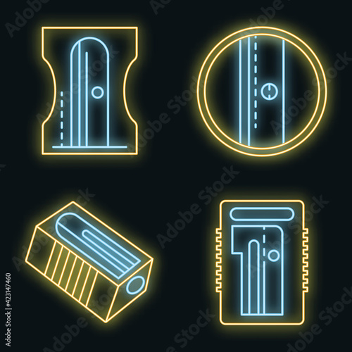 Sharpener icons set. Outline set of sharpener vector icons neon color on black