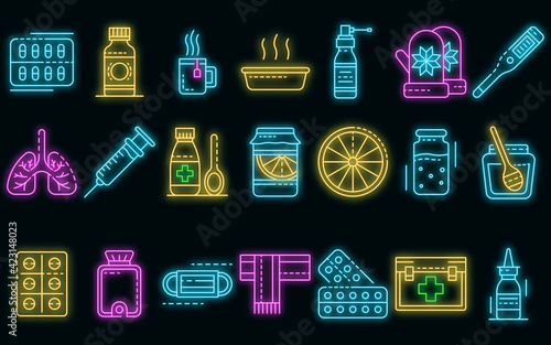 Flu sick icons set. Outline set of flu sick vector icons neon color on black
