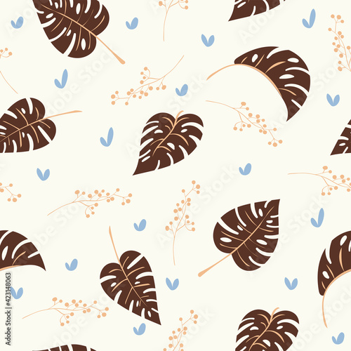 Seamless  natural abstract pattern on light  background. Tree branches and leaves. Hand drawing. Design for textiles, wallpapers, printed products. Vector illustration
