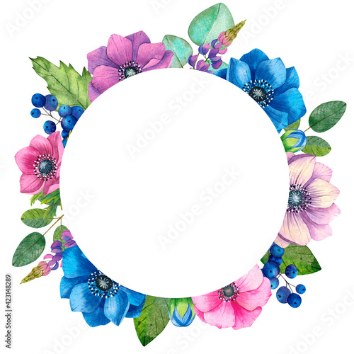 Watercolor round frame with purple and blue anemones in vintage style on a white background. Watercolor wedding invitation. Modern design. Botanical background. Bright illustration.