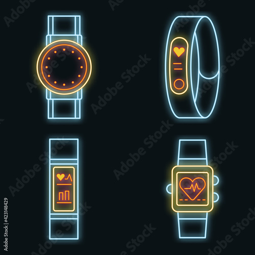 Fitness tracker icons set. Outline set of fitness tracker vector icons neon color on black